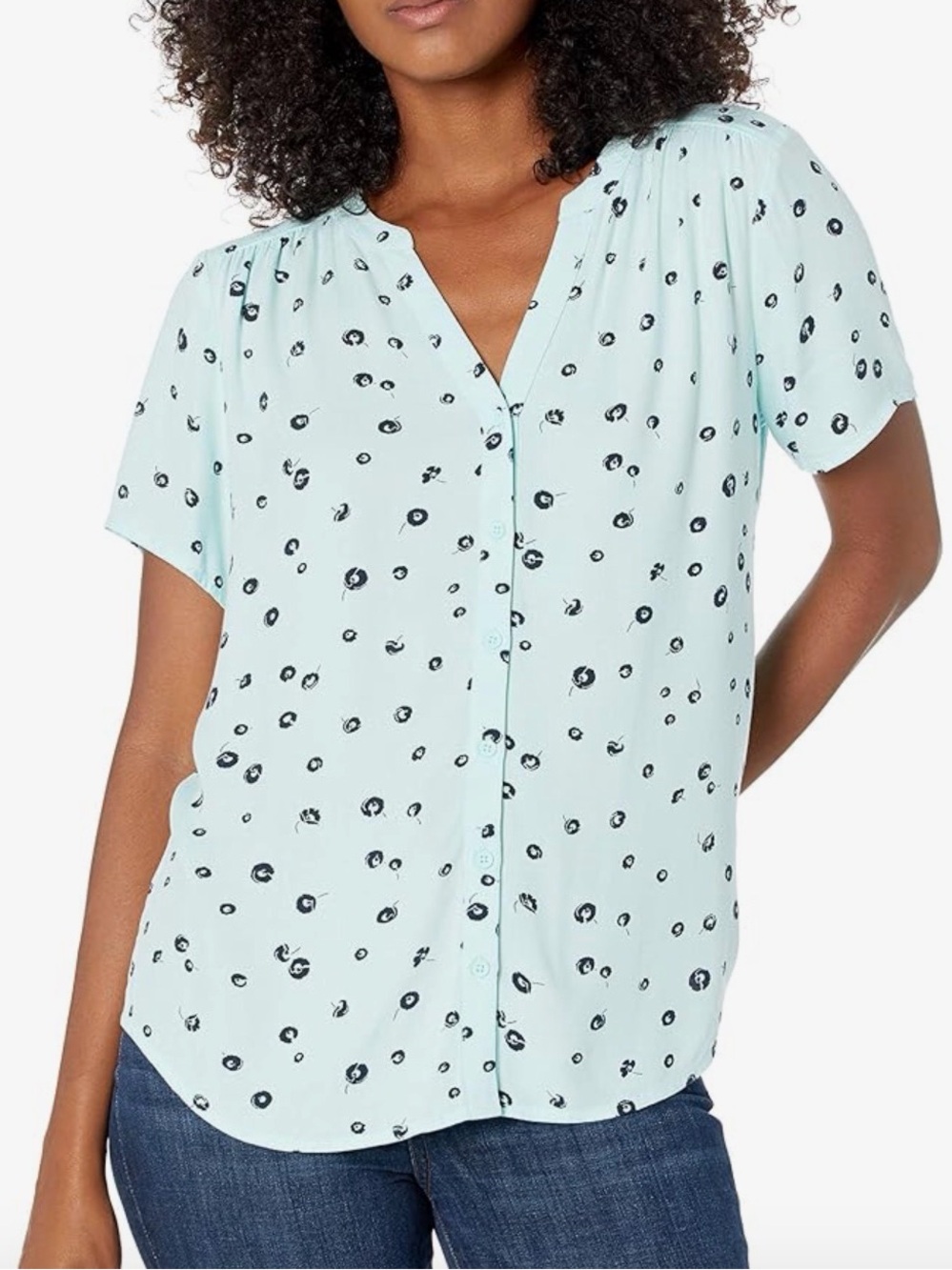 Turquoise Blue Polka Dot Button Front Blouse - Picture 2 of 6